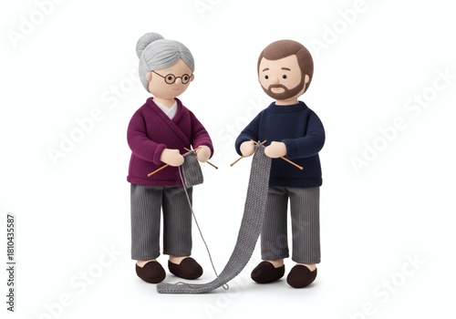 Stuffed dolls of an elderly woman and a man knitting a long grey scarf together, representing family bonding and teamwork