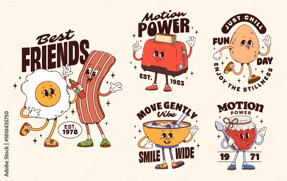 Fototapeta premium Cheerful breakfast food groovy characters stickers and t shirt prints. Funny cartoon vector egg, bacon, toaster, potato, cereal, jam personages with retro sneakers and positive vintage morning slogans