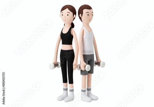 Stuffed dolls of a young couple in gym wear standing back-to-back and holding dumbbells, symbolizing fitness, teamwork, and healthy lifestyle