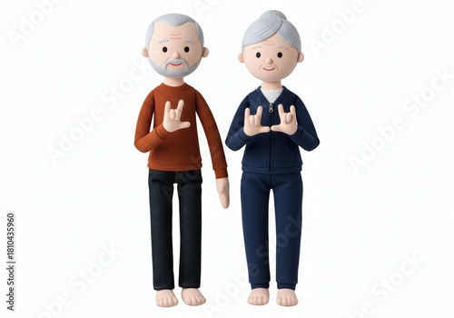 Stuffed dolls of an elderly couple giving the 'I Love You' hand sign (ASL), symbolizing modern senior love, communication, and affection