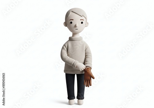 Stuffed doll of a man pulling on a single brown leather glove, symbolizing work preparation, cold weather, or protection