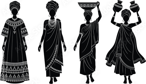 African woman silhouette vector set, traditional tribal female characters wearing turban and dress, carrying pot and basket, black culture illustration isolated on white.