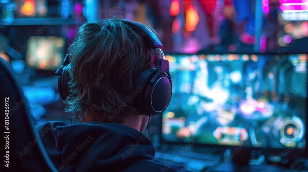 Obraz premium pro gamer man in headphones live streaming while playing online computer game, neon lights, esports, gaming, monitor, play, young, player, internet, enjoyment, cyber,