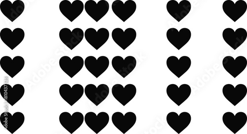 Black heart silhouettes vector pattern, set of aligned rows of solid hearts, love symbol, rating scale, health, romance, wedding, or Valentine's Day element isolated on white.