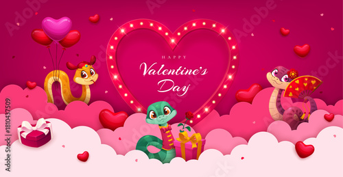 Happy Valentines Day paper cut banner with cherubs and pink clouds. Romantic holiday vector greeting card of cartoon Cupid characters with love arrows, bows and hearts above 3d paper cut clouds border