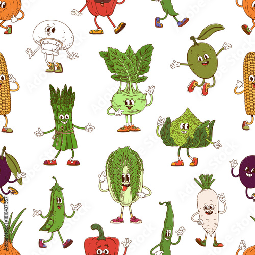 Groovy vegetable characters pattern. Fabric or textile groovy vector seamless pattern or print with pumpkin, bell pepper, onion, olive and corn, romanesco, asparagus and kohlrabi funky personages