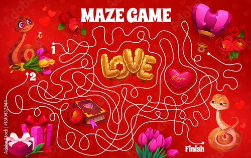 Valentine day labyrinth maze game with romantic cute snake characters, heart shaped balloons, flowers, gifts, tulips, rose flowers and love decorations. Cartoon vector puzzle worksheet riddle for kids