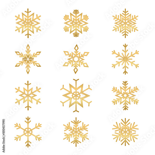 Golden Snowflakes Elegant Winter Elements on White Background