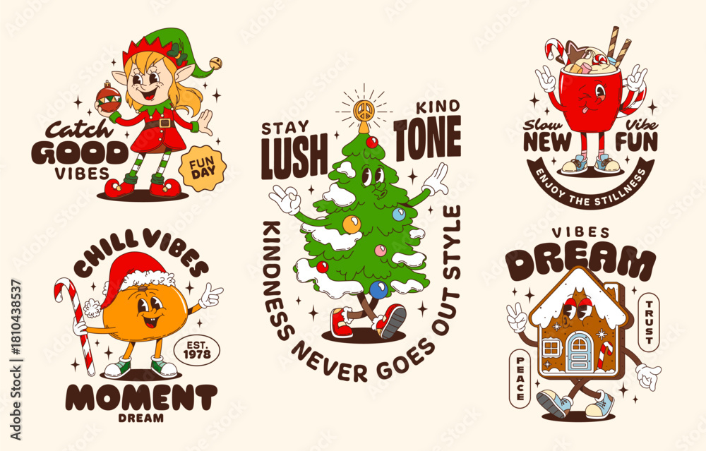Naklejka premium Christmas groovy characters retro stickers and t shirt prints. Vector cartoon funny elf, Xmas tree, gingerbread house, orange and hot drink with candy cane. Festive vector patches with positive quotes