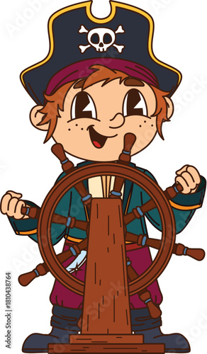 Boy kid pirate captain cartoon cute character. Filibuster skipper cheerful character, child pirate crew boatswain happy vector personage. Corsair kid fighter personage steering ship in tricorn hat
