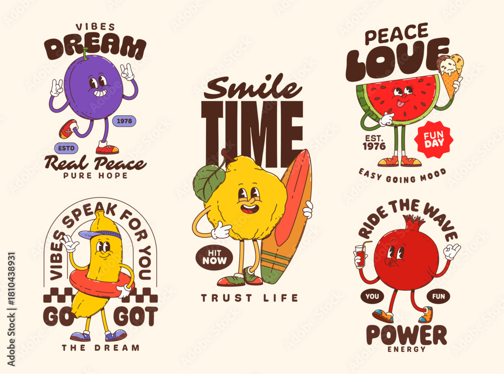 Fototapeta premium Tropical fruit groovy characters stickers and t shirt prints. Retro cartoon y2k quince, banana, watermelon, pomegranate and plum vector vintage personages with fun expressions and inspirational quotes