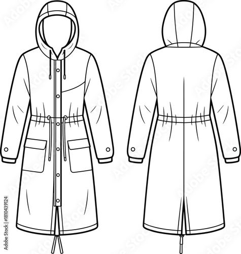 cad drawing flat vector illustration, hooded parka coat technical sketch, fashion outerwear template, front back view, zipper pocket design