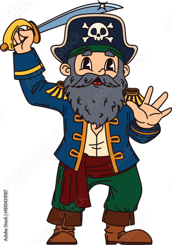 Old bearded corsair pirate cartoon funny character. Pirate tough fighter personage, filibuster captain funny vector character. Corsair sailor cheerful mascot with grey beard, swinging cutlass sword
