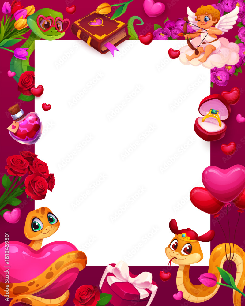 Obraz premium Valentine day greeting card template or frame surrounded by cute romantic elements like snakes with hearts, flowers, cupid, love potion, gift box and balloons. Cartoon vector border with copy space