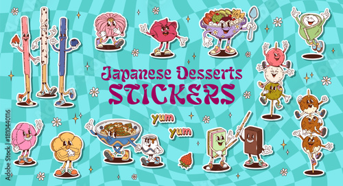 Cartoon retro groovy japanese desserts stickers pack of funny hippie asian sweet food. Cute groovy wagashi confectionery vector characters of rice cake mochi and daifuku, candy yokan, dumplings dango