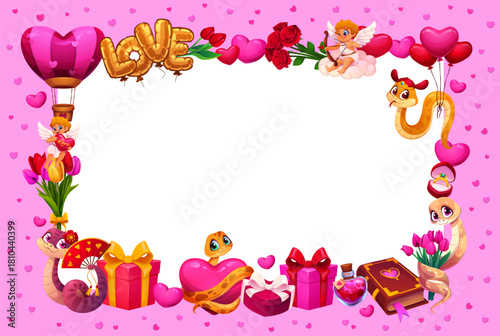 Happy Valentine day greeting card frame. Vector romantic template for love messages and notes with cute cartoon cherubs and snake characters, proposal ring, flowers, hearts, hot air balloon, potion