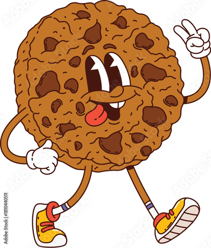 Cartoon groovy cookie or sweet dessert character of bakery pastry, vector personage. Funny groovy chocolate biscuit or cookie pastry character with funky yummy tongue out and peace cool gesture
