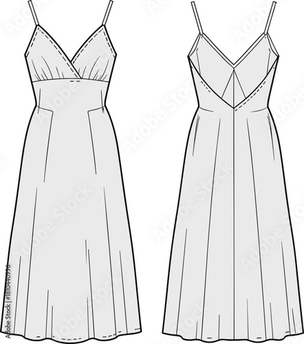Cad drawing flat vector illustration, sleeveless dress fashion sketch, technical garment design, princess seam midi dress front back view