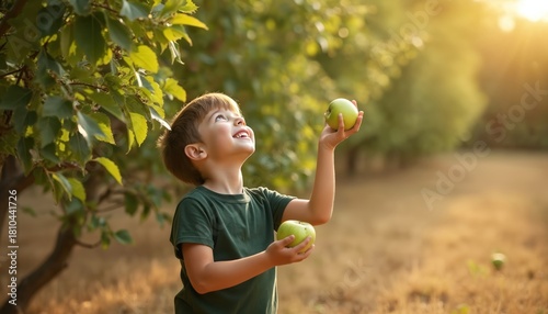 Young boy with green apples reaches up towards tree in sunny orchard. He smiles happily while picking fresh fruit. Childhood joy in harvest season.