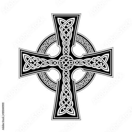 An intricate black and white Celtic cross illustration featuring complex interlacing knotwork patterns filling the flared arms and central halo ring, isolated on a clean white background