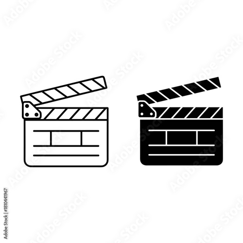 Movie clapperboard icon in black and white, representing filmmaking isolated on white background