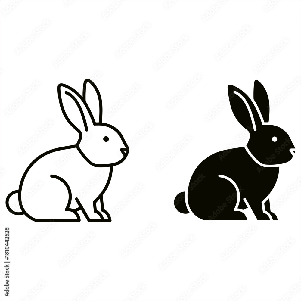 Fototapeta premium Two rabbits, one in outline and one in solid fill, isolated on white background