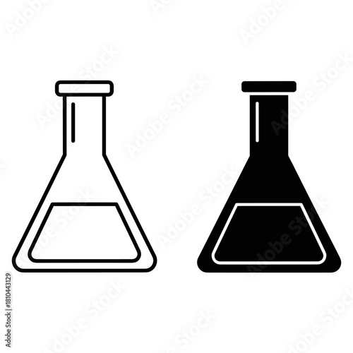 Two conical flasks in outline and solid style isolated on white background