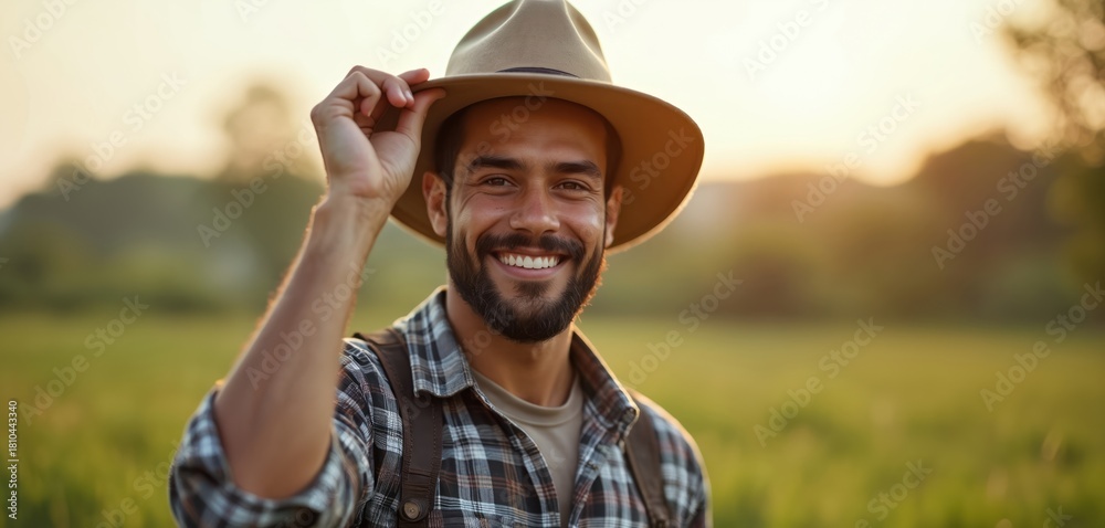 Obraz premium Smiling man wearing hat and plaid shirt in field. Farmer outdoors at sunset, gentle sunlight. He gestures toward his hat with a friendly, warm expression.