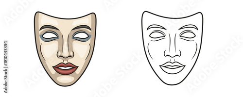 Theatrical masks in a set one is colored with makeup and red lips and the other one is a black outline sketch against a plain white background