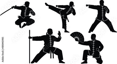 Chinese martial arts silhouette vector set, kung fu master poses with sword, staff and fan, wushu fighter illustration isolated on white background.