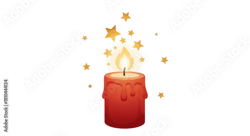 A red candle with a flame and golden stars scattered around it on a white background isolated image