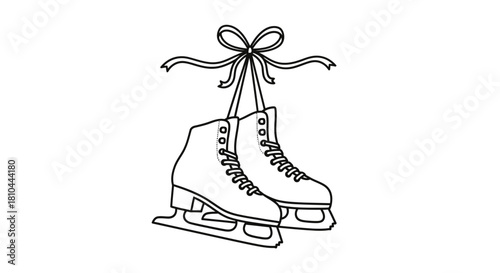 A pair of ice skates hanging from a ribbon bow in a black and white line drawing illustration