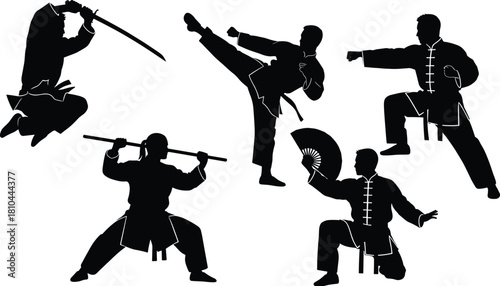 Chinese martial arts silhouette vector set, wushu master poses with sword, fan and staff, kung fu fighter illustration isolated on white background.
