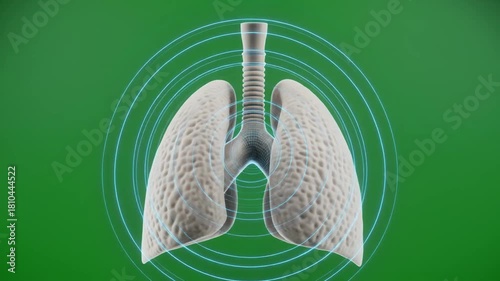 A 3D medical illustration of human lungs with trachea on a green background with radiating circles.