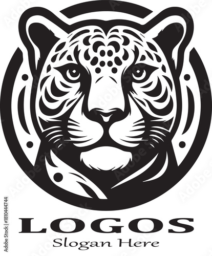 Black and white vector logo of a detailed leopard or jaguar head with spots, enclosed within a decorative circular frame with subtle ornamentation