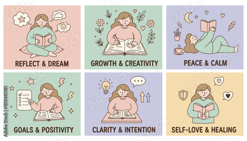 Cute set of 6 illustrations for mental wellness journaling reflection growth and selflove concepts