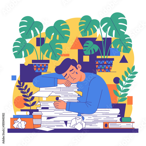 Burnout Man overwhelmed by paperwork crying from stress and heavy workload