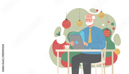 Senior man working on a tablet enjoying coffee in a festive holiday environment