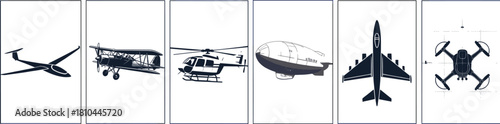 Collection of detailed aviation vehicle vector illustrations featuring glider, vintage biplane, helicopter, airship, jet airplane, and drone designs, perfect for technical artwork