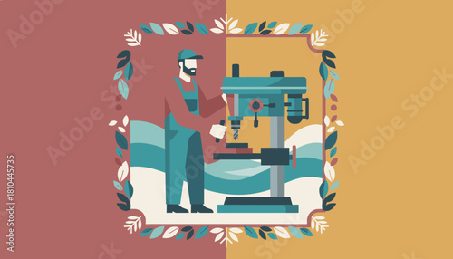 Craftsman operates a drill press Industrial illustration for skilled trades and labor concepts