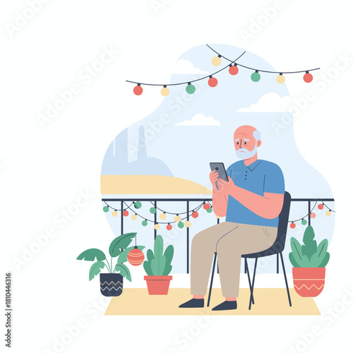 Senior man sitting on a decorated balcony using a smartphone dealing with technology challenges