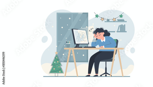 Exhausted woman sleeping at her cluttered winter office desk holiday burnout and overwork concept