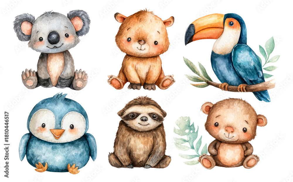 Obraz premium Cute Watercolor Tropical Animals Featuring Koala, Bear, Toucan, Sloth, and Penguin