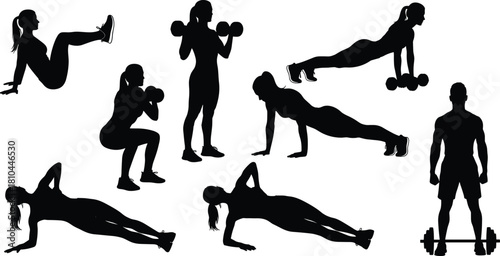 Fitness workout silhouette vector set, man and woman doing gym exercises, bodybuilding training collection, active lifestyle illustration isolated on white  