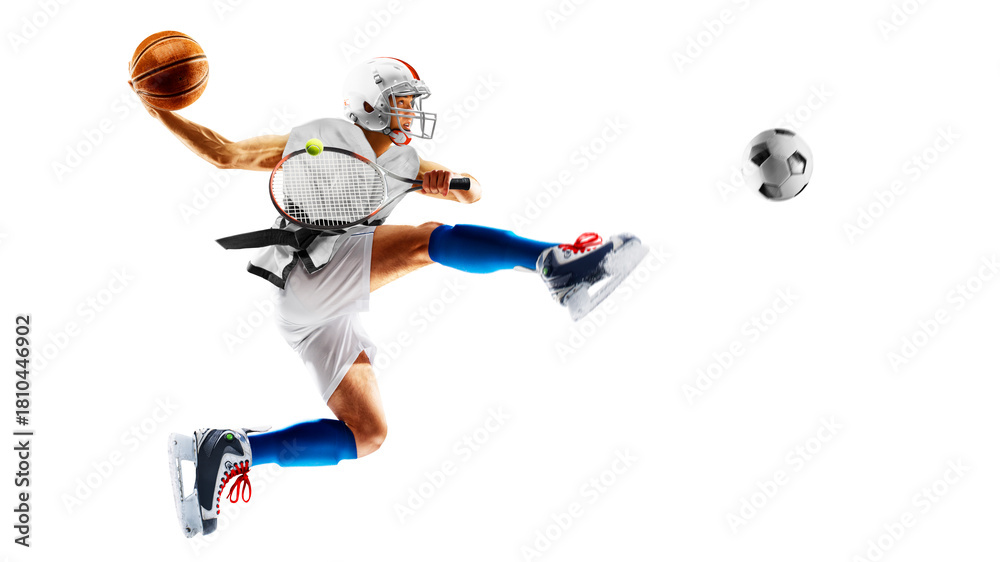 Naklejka premium Multi-sport. A fun collage of a single person's many sports and hobbies, isolated on a white background. Boxing, basketball, cycling, soccer, American football, hockey, fitness, gym
