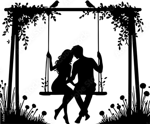Illustration shilouette Couple on swing romantic 