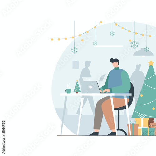 Man works on laptop in a festive office setting decorated with Christmas tree gifts and winter lights