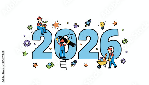 Workers building the future 2026 concept illustration for new goals and progress