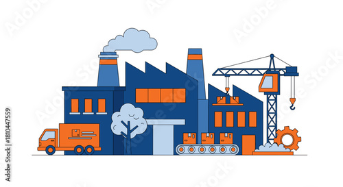 Industrial factory and logistics operation illustration production shipping crane and conveyor belt system