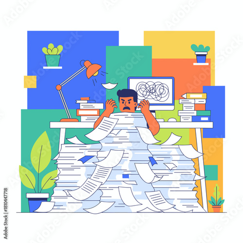 Angry man buried under massive paperwork pile Excessive workload office stress and bureaucracy concept
